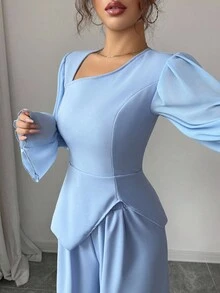 Selianne 2pcs Set: Elegant Romantic Asymmetric Collar Cinched Waist Split Hem Straight Leg Pants, Women Fall Cloth For Women - Dusty Blue - View 3