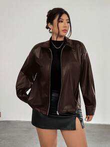 Firerie 大码女式黑色长袖PU皮夹克