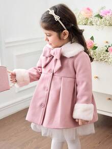 SHEIN Babygirl Cute Pink Fuzzy Collar Patchwork Jacket, Autumn/Winter Baby Girl Coats Baby Girl Pink Coat Toddler Girl Coats Girls Winter Coat Girls Dress Coat Fall - Pink - View 5