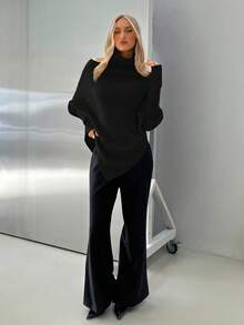 Aloruh Women's New Off-Shoulder Wrap Extra Long Sweater, Milky White, Autumn/Winter,Fall,Black Top - Black - View 3