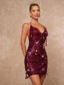 Lumalex 秋冬亮片流苏露背吊带迷你连衣裙，女士亮片连衣裙，鸡尾酒会礼服，复古女郎连衣裙，羽毛连衣裙，ANCORA酒红色伴娘礼服，酒红色连衣裙，露肩正式礼服，优雅连衣裙，淡紫色正式礼服，魅力优雅连衣裙，秋季新款女士奢华舞会聚会宴会礼服，低调奢华闪耀的节日派对狂欢节郊游度假热门户外层叠婚礼季宴会万圣节身份证古尔邦节派对新年派对造型珠光装饰，女士派对礼服 - 酒紅色 - 查看 6
