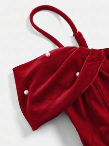 Pitira Tween Girls Elegant Velvet Off Shoulder Beaded Bustier Waist Cinched Ruffle Dress, Red Christmas Party Dress, Suitable For Spring Festival, Sunray Ruched - Red - View 5