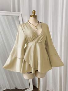 SHEIN Sweetro 大码女式绿色缎面荷叶边袖休闲衬衫 - 杏色 - 查看 7