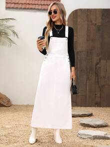 EMERY ROSE 女式纯色无袖休闲百搭牛仔连身裤，带口袋 - 白色 - 查看 3
