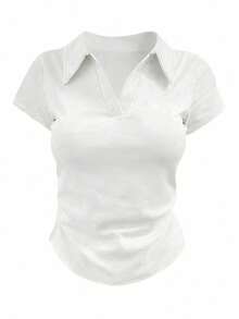 INAWLY Áo thun tay ngắn tối giản màu trơn dành cho nữ, mặc thường ngày - Màu xanh hải quân - Xem 3