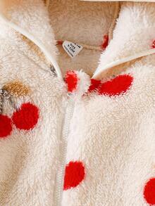 SHEIN Playful Pals 2 件女婴可爱樱桃印花连帽长袖夹克和蓬松长裤套装，时尚服装 - 杏色 - 查看 3