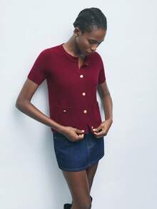 Maija Women's Metal Button Decor Short Sleeve Knit Cardigan, Urban Commute Business Casual Basic Top, Elegant Office, Party & Gathering Wear, Autumn/Winter - Burgundy - View 2