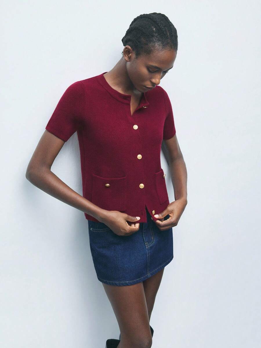 Maija Women's Metal Button Decor Short Sleeve Knit Cardigan, Urban Commute Business Casual Basic Top, Elegant Office, Party & Gathering Wear, Autumn/Winter