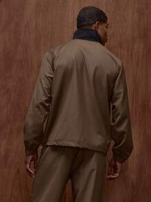 Musero Relaxed Fit Long Sleeve Premium Ribbed Stand Collar Bomber Jacket Front Welt Pocket Tracksuit Top Only Fall/Autumn Winter - Khaki - View 2