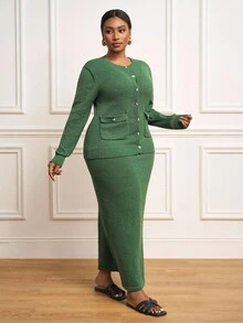 Veslaya 秋冬新款大码女装优雅派对/约会/休闲长袖单排扣针织开衫搭配修身针织中长裙套装，绿色两件套，曲线裙套装，绿色曲线连衣裙，舒适秋冬女装，女士冬季大码裙套装两件套，女士大码两件套，曲线女装两件套 - 軍綠色 - 查看 3