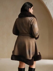 Anewsta Manteau mi-long ceinturé avec bordure en fausse fourrure élégant et pour femmes, grande taille, automne/hiver - Tabac - Voir 2