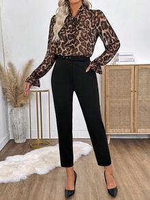 SHEIN LUNE Women's Leopard Print Long Sleeve Shirt And Black Pants 2 Pieces Set,Elegant Chic Autumn Winter Office Outfits For Women - Multicolor - View 4