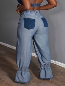 Slaydiva Plus Size Women High Waist Zipper Pocket Ruffle Hem Loose Fashion Jeans - Blue - View 3