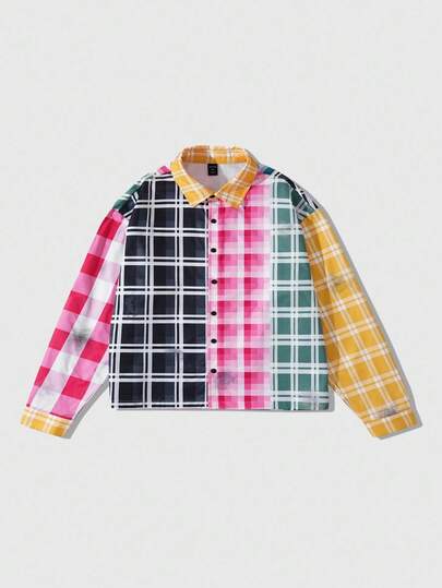 Street Life Camicia a maniche lunghe a quadri da uomo, vestibilità ampia e corta, autunnale