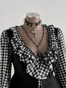 Sunspun Elegant Goth Black And White Autumn 70's Party Women Two Pieces Set,V-Neck Ruffle Patchwork Plaid 2 In 1 Top & Puff Cake Mini Skirt Japanese Outfit - Black and White - View 3