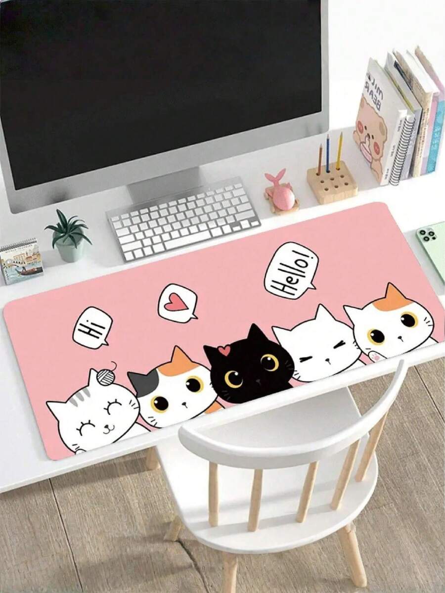 SHEIN 1 件可爱猫咪鼠标垫粉色卡通大号桌垫办公桌配件带缝边防滑 XL 鼠标垫橡胶底座桌垫 35.4x15.7 英寸适用于家庭办公室礼物送给女士返校 - 彩色 - 查看 1