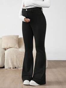 SHEIN 孕妇装 秋季 秋季 冬季 万圣节 圣诞节 新年 2000 年代 旅行、通勤、派对、度假、老钱风格、宴会、优雅、约会 商务休闲女装 乡村复古朴素老钱商务休闲女装 工作服 女士教师服装 教堂服装 女士高腰喇叭裤休闲百搭黑色牛仔裤 女士高腰喇叭裤黑色牛仔裤，纽扣开合，打造时尚造型 - 黑色 - 查看 6