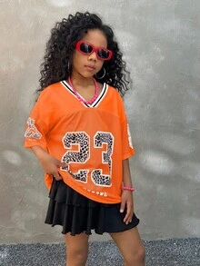 Coolane Kids Tween 女童休闲运动风格豹纹印花和数字图案撞色 V 领宽松网眼透气 T 恤，夏季 - 橘色 - 查看 7