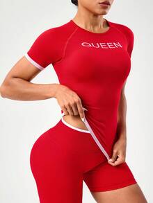 SHEIN Sports Seamless High Elasticity Women's Contrast Color Round Neck Raglan Sleeve Fitted Short Sleeve Sports T-Shirt, Summer Red Workout Set Women Gym Wear Red Athletic Set Red Activewear Red Compression Shirt Red Gym Top Red Workout Top Red Sports Top Red Crop Top Red Activewear Top Red Active Wear