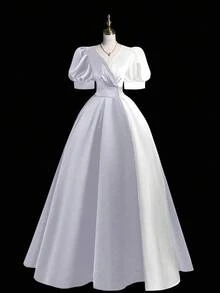 SHEIN MOOSTA Vestido elegante de manga abullonada con contraste de color para rave - Blanco - Ver 1