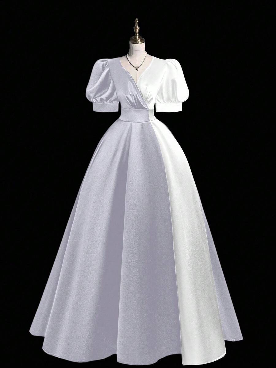 SHEIN MOOSTA Vestido elegante de manga abullonada con contraste de color para rave - Blanco - Ver 1