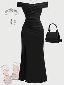 SHEIN Girlism Teen Girl Elegant Solid Color Off-Shoulder Ruffle Fitted High Slit Fishtail Hem Dress, Summer Elegant Dress Evening Wear Long Black Dress Classy Dress Black Dress Elegant Black Dresses Classy Elegant Fall Winter - Black - View 3