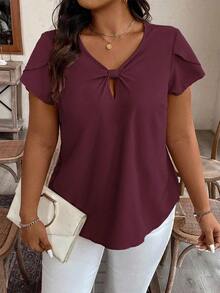 EMERY ROSE Plus Size Women's Solid Color V-Neck Petal Short Sleeve Casual Casual Blouse, Summer