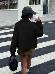 Muchica 女式短款梭织风衣，秋冬款黑色 - 黑色 - 查看 2