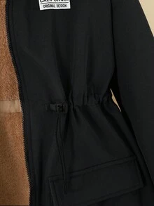 Tween 女童休闲街头装保暖保暖内衬收腰宽松中长连帽夹克外套 - 黑色 - 查看 6