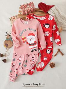 Cozy Pixies Baby Girl Christmas Santa,Pine Tree,Reindeer & Snowman Knit Pajama Set,2 Pieces Snug Fit Crew Neck Top & Pants,Pink And Red,Autumn,Casual,Birthday - Pink - View 7