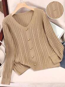 Franclia Khaki Autumn V-Neck Twist Rope Metal Button Casual Sweater,European & American Blogger Style Fall Winter Elegant Office Commuting Urban Professional - Khaki - View 3