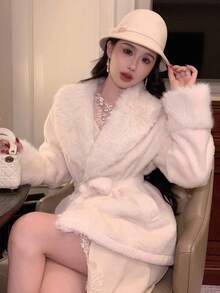 DAZY 女士领结蓬松夹克，秋冬仿皮草大衣 - 白色 - 查看 4
