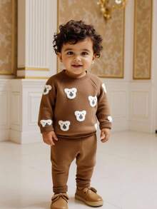 Souflis Souflis Baby Boys Teddy Bear Jacquard Knit Sweater Set, Soft & Thick Fabric, Suitable For Casual Wear, Autumn/Winter Fall - Khaki - View 7