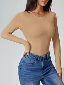 SHEIN PETITE Solid Long Sleeve Slim Fit White T-Shirt Bodysuit