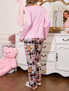 SweetSlumber 可爱猫咪印花撞色睡衣套装，女士可爱睡衣套装，两件套，舒适睡衣套装，猫咪睡衣套装，秋冬服装睡衣，女士猫咪睡衣套装，女士卡通睡衣套装 - 彩色 - 查看 2