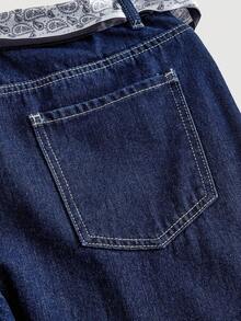 SHEIN MOD 女式休闲水洗阔腿牛仔裤（配腰带） - 藍色 - 查看 4