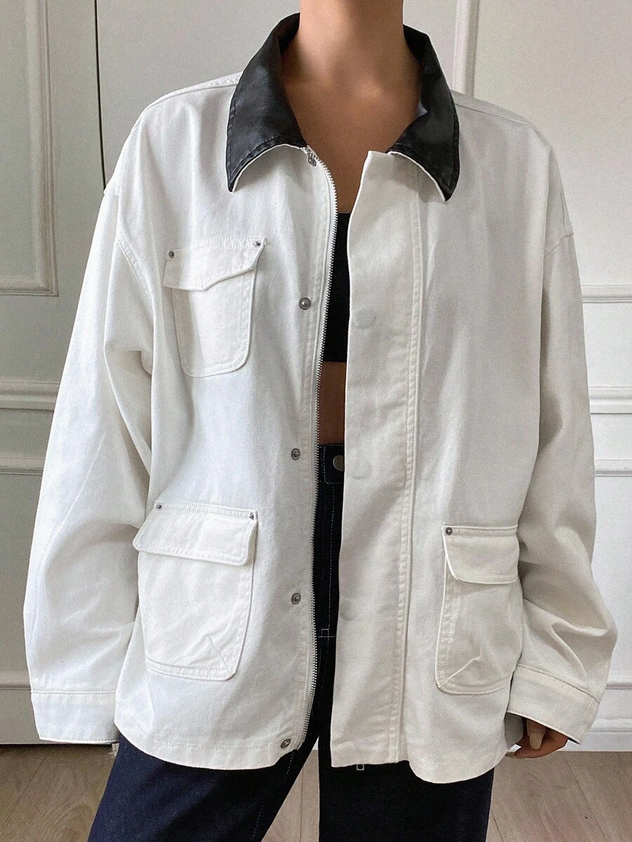 Livesso Women's Loose Fit Contrast Color Denim Jacket, Autumn Long Sleeve Tops - White - View 1