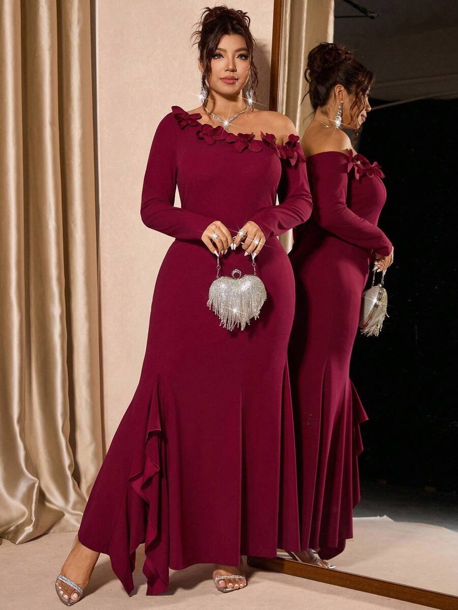 Cravure Plus Size Women Solid Color 3D Floral Decor Asymmetric Shoulder Long Sleeve Fishtail Hem Elegant Dress