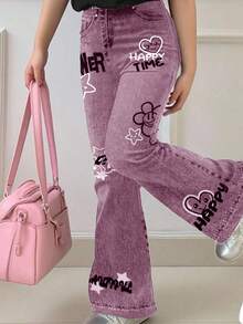 SHEIN Leap Crew Bộ 2 áo thun cổ tròn tay ngắn in hình trái tim và mặt cười thoải mái cho bé gái tuổi teen và quần ống loe, phù hợp cho mùa hè, mặc ở nhà, đi chơi, chụp ảnh đường phố, đi học - Nhiều màu - Xem 3