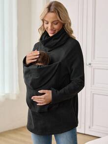 SHEIN Maternity Solid Color Cowl Neck Raglan Sleeve Long Sleeve Casual Sweatshirt, Autumn - Black - View 7