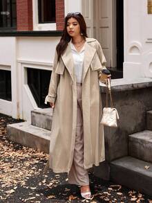 Vionelle 大码休闲纯色长款风衣 女款风衣 长款风衣 女士长款风衣 米色风衣 女款风衣 - 卡其色 - 查看 6