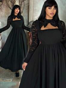 Flirla Plus Size Halloween Dark Contrast Lace-Up Dress - Black - View 1