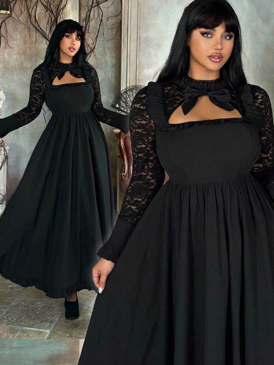 Flirla Vestido de talla grande con encaje y cordones en contraste oscuro para Halloween - Negro - Ver 1