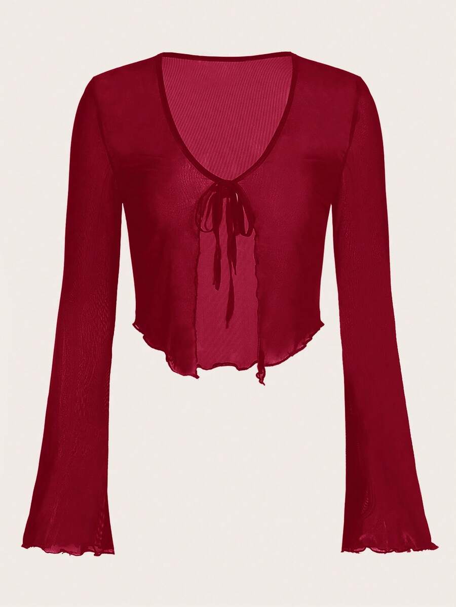 SHEIN ICON 1 件女式纯色系带荷叶边长喇叭袖时尚网眼衬衫 - 中紫紅色 - 查看 1