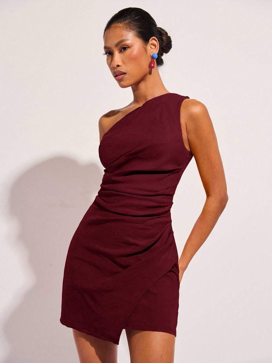COSMINA Women's Elegant Solid Color Sleeveless Mini Dress, Summer - Burgundy - View 1