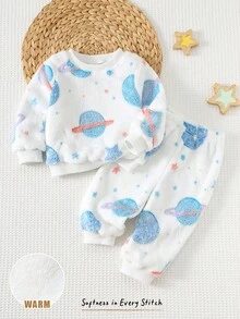 Cozy Pixies 2 piezas/Set Sudadera de felpa gruesa con estampado de planetas y pantalones de cintura elástica para niño pequeño, 2 piezas/Set Pijama de suéter de cuello redondo de punto suave forrado de felpa y pantalones, estilo básico clásico y cómodo adecuado para el hogar, uso diario, festivales, Halloween, Navidad, adecuado para invierno, otoño, Navidad
