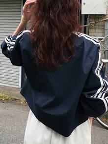 FRIFUL 女士休闲运动撞色条纹侧高领拉链落肩宽松夹克，秋季服装 - 藏蓝色 - 查看 5