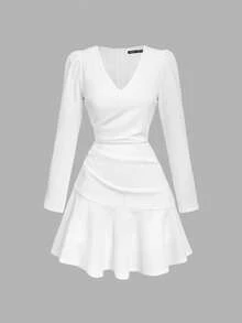 SHEIN MOD 女士优雅白色褶皱长袖 V 领迷你连衣裙，秋冬装，万圣节，派对，优雅，哥特，婚礼，优雅晚礼服别致的婚礼，白色连衣裙，外出装 - 白色 - 查看 3