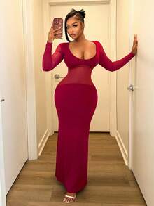 BamGleam Váy bó sát màu trơn dành cho nữ có đường viền lưới, tay dài gợi cảm - Màu Đỏ Sâu - Xem 6