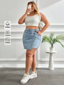 EURMUSE 女式迷你裙 中号 洗水纽扣细节 加大码 - 淺色水洗藍 - 查看 4